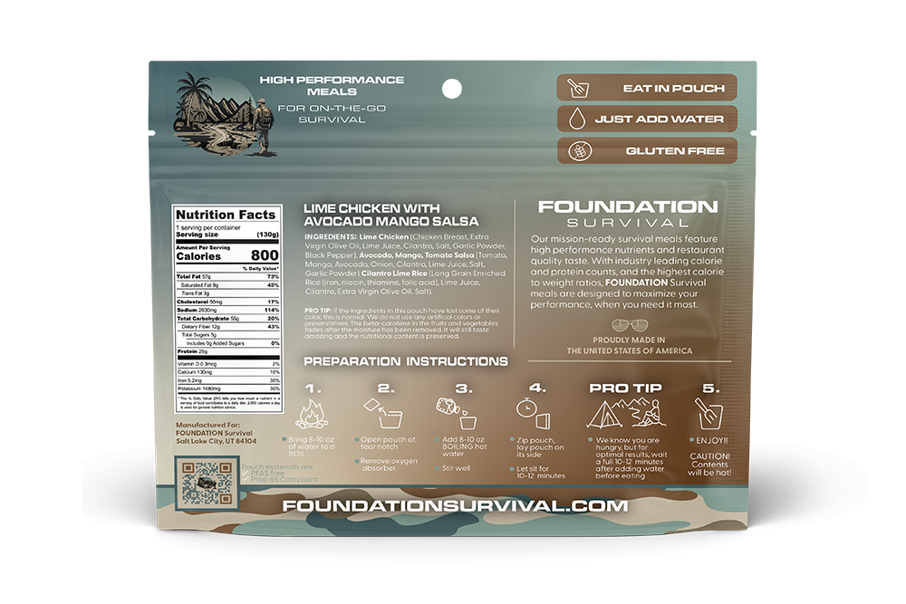 FOUNDATION Survival, Lime Chicken with Avocado, Mango Salsa Meal, 130g
